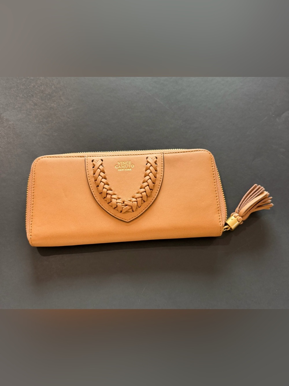 Vince Camuto Camel Braided Leather Zip-Around Wallet